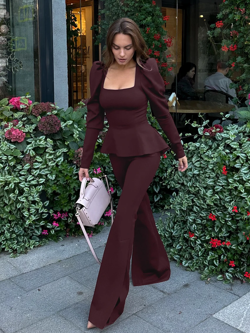 

Marthaqiqi Fashion Ladies Nightwear 2 Piece Set Square Collar Pajamas Long Sleeve Nightgowns Pants Winter Female Sleepwear Suits