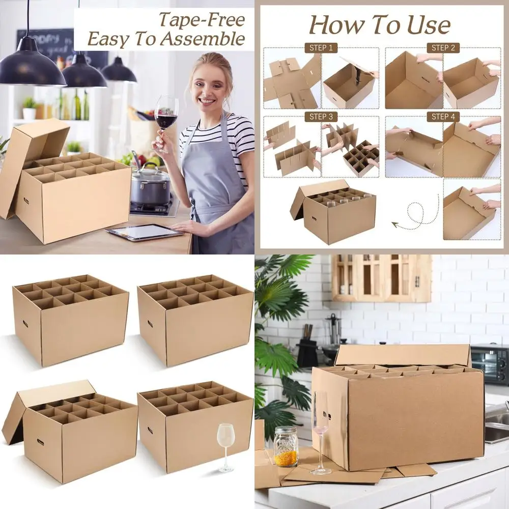 

Set of 4 Wine & Kitchen Moving Boxes with Handle, 20x15x12 Inches, Brown