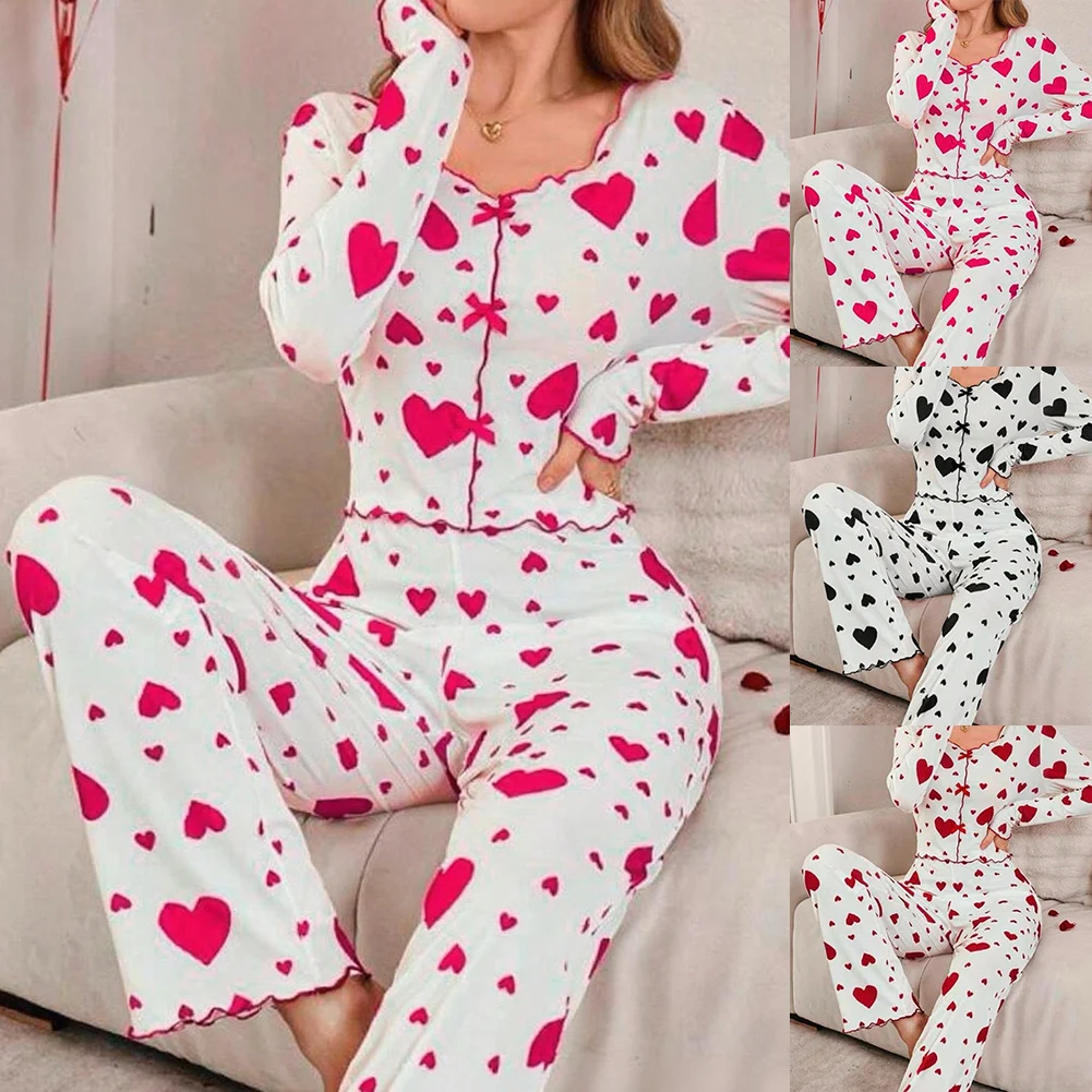 

Женские пижамные комплекты, футболки с длинными рукавами + брюки, женская кружевная домашняя одежда с принтом, облегающая ночная рубашка с v-образным вырезом