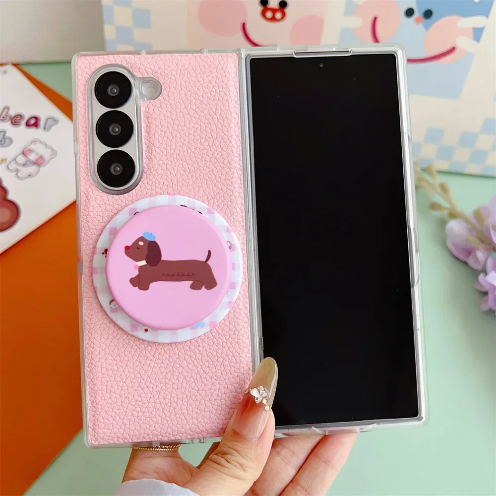 

Ins Koran Cute Cartoon Pop Sockets Stand Holder for Samsung Galaxy Z Fold 7 6 5 4 3 5G Leather Shockproof Protective Cover Case