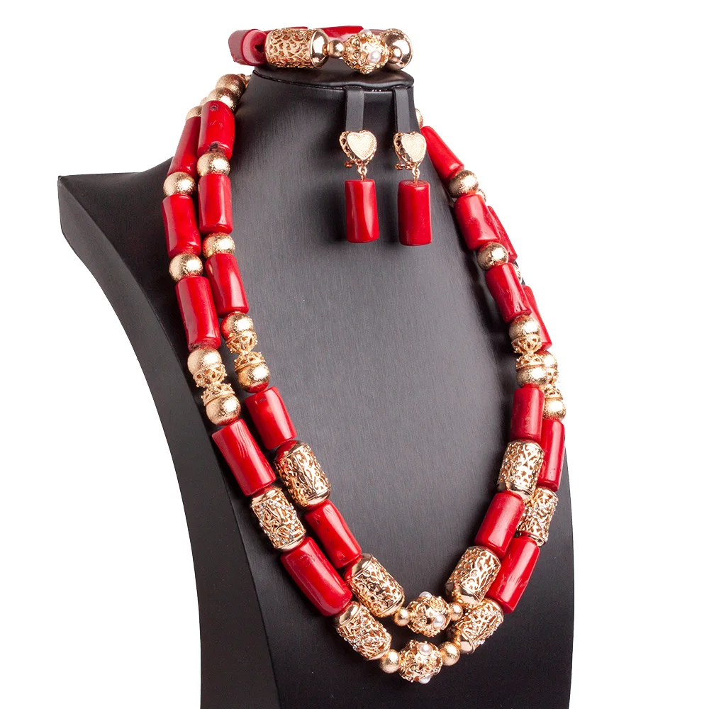 African Coral Beads Jewelry Set 2 Layers Newest Natural Red Coral Beads For Nigerian Weddings Women Free Ship ABG087