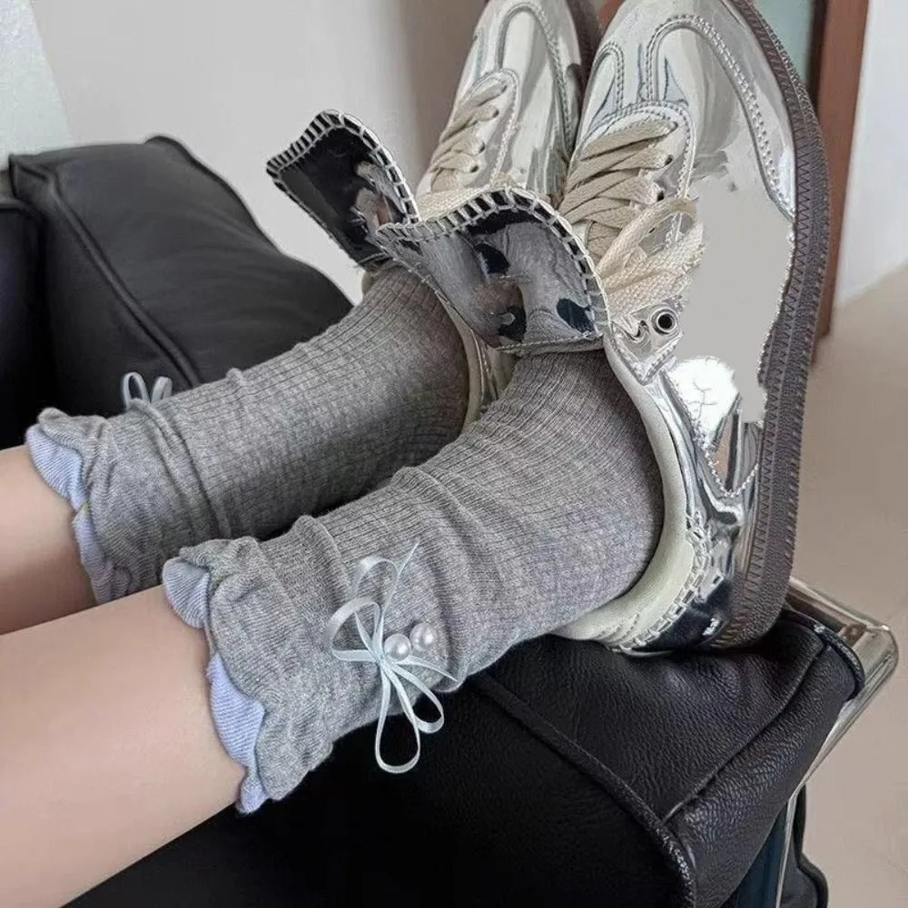 

5Pairs Soft Ruffle Bowknot Pearl Socks Thin Breathable Mid Tube Socks Lolita Female Hosiery Sweet Socks Women Streetwear