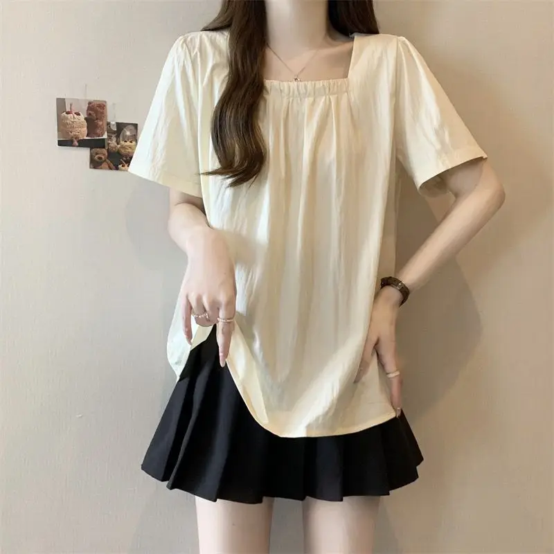 Short Sleeve Solid Simplicity Pleated Korean Tops Tees New Women Clothing Plus Size Youth Fashion T Shirts Casual Office Summer