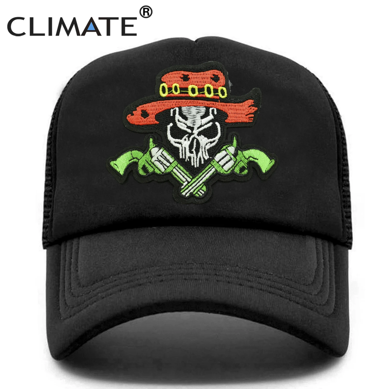 CLIMATE  West Cowboy Men Trucker Cap Cool Skeleton Pistol Gun Skull Cap Summer Black Baseball Caps Mesh Cap Hat for Men