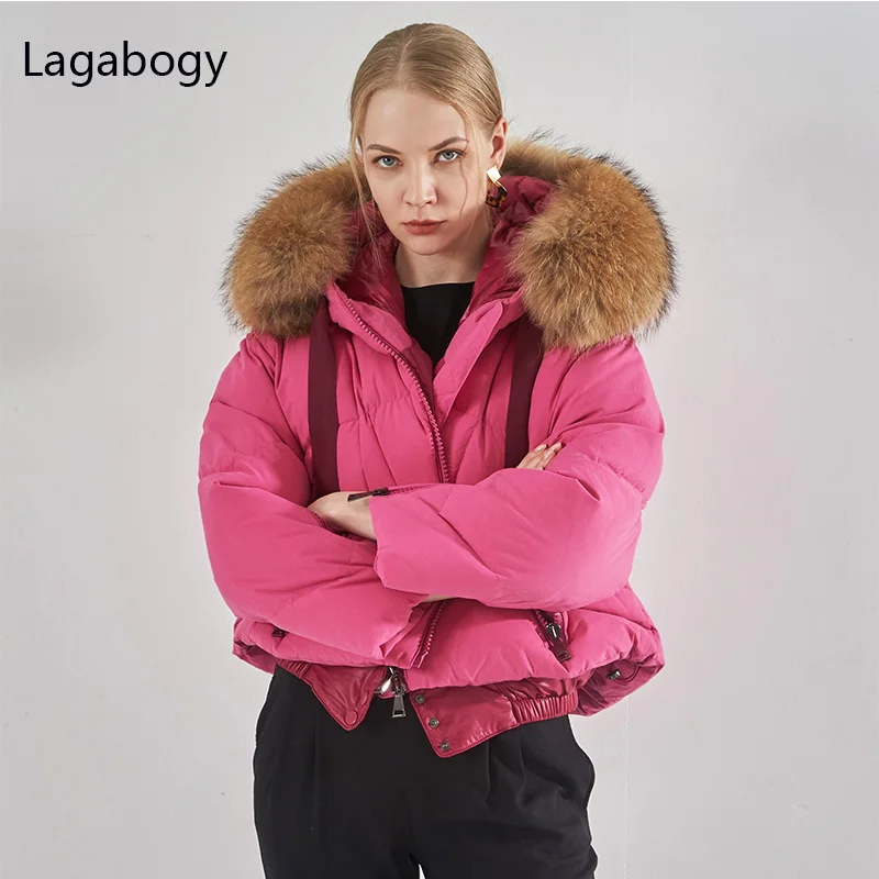 

Women 2023 Parkas Luxury Short Quality Winter 90% White Goose Down Coat Thick Warm Puffer Jacket Huge Real Raccoon Fur