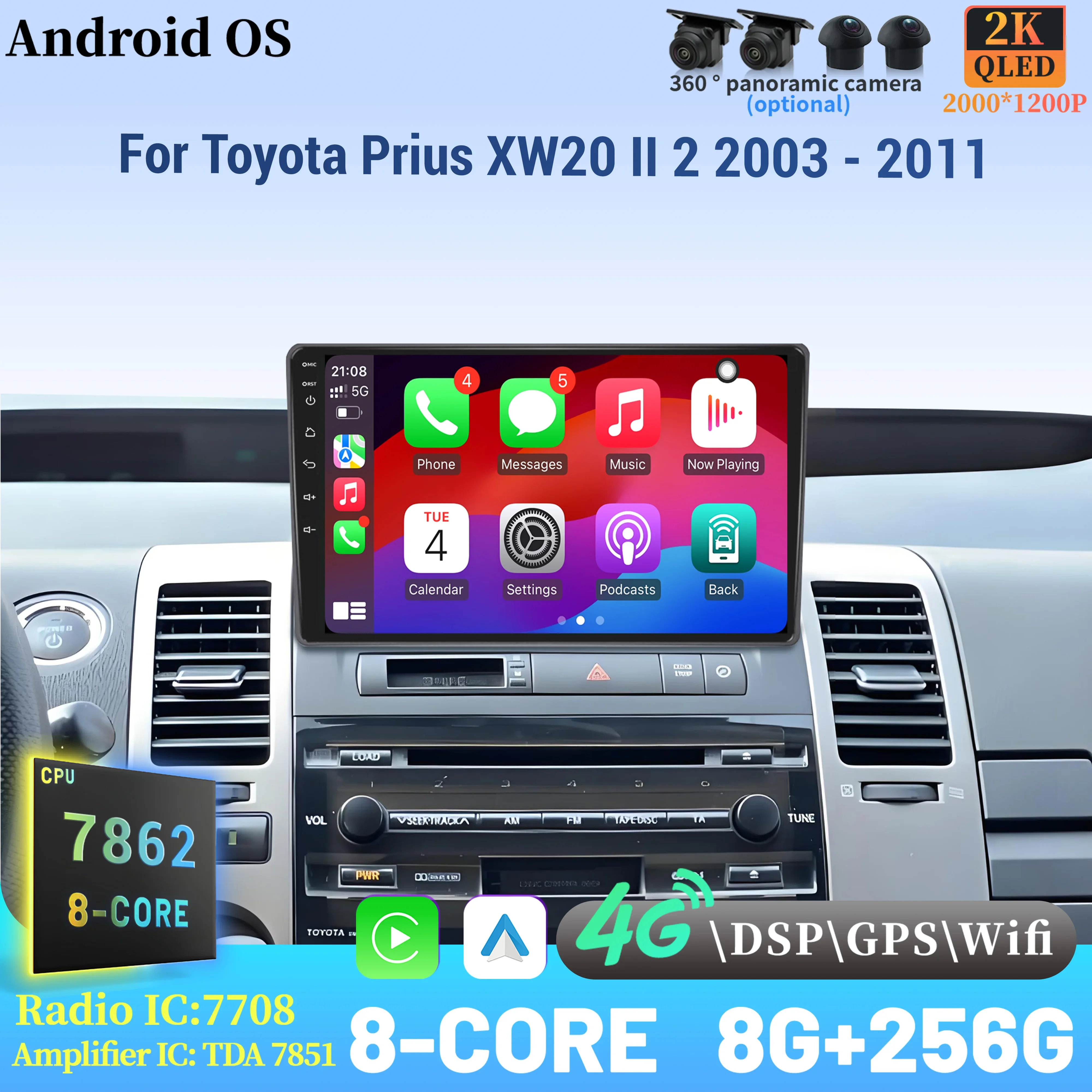 راديو السيارة أندرويد 14 لتويوتا بريوس XW20 II 2 2003 - 2011 الملاحة الوسائط المتعددة اللاسلكية BT Carplay اللمس 2K شاشة QLED
