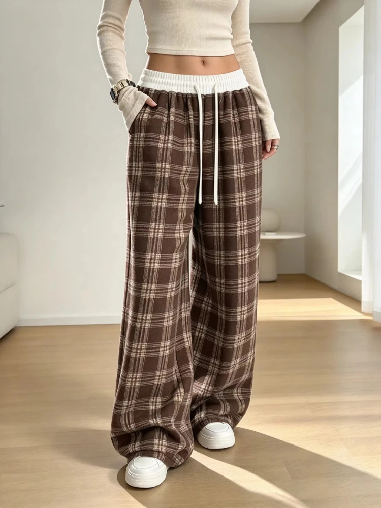 New Women Plaid Wide Leg Pants, Elastic Waist With Drawstring, Loose Casual Checkered Trousers
