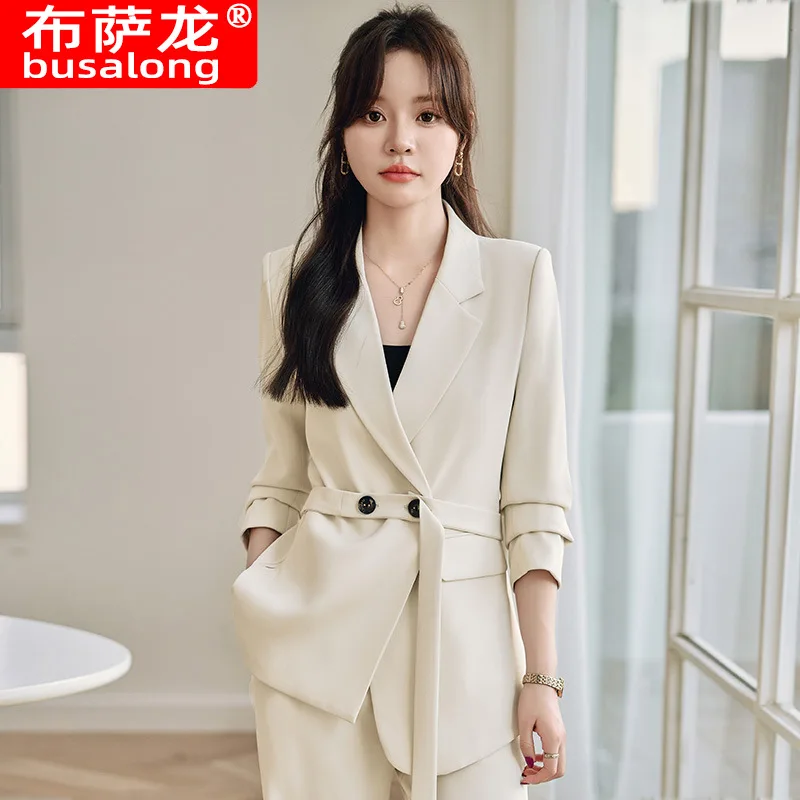 Beige Waist-Tight Suit Jacket Women's Spring and Autumn Temperament Goddess Style Business Wear High-End Suit Jacket Wide-Leg Pa