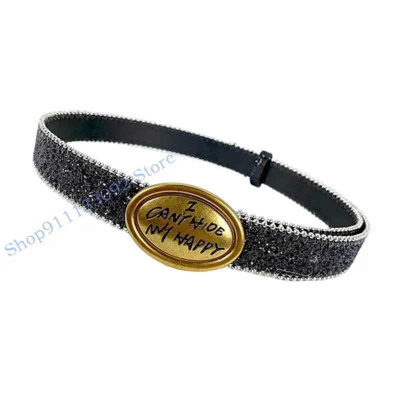 

H9ED Blingbling Waist Belt Grunge Glinting Beaded Buckle Encrusted Glitter