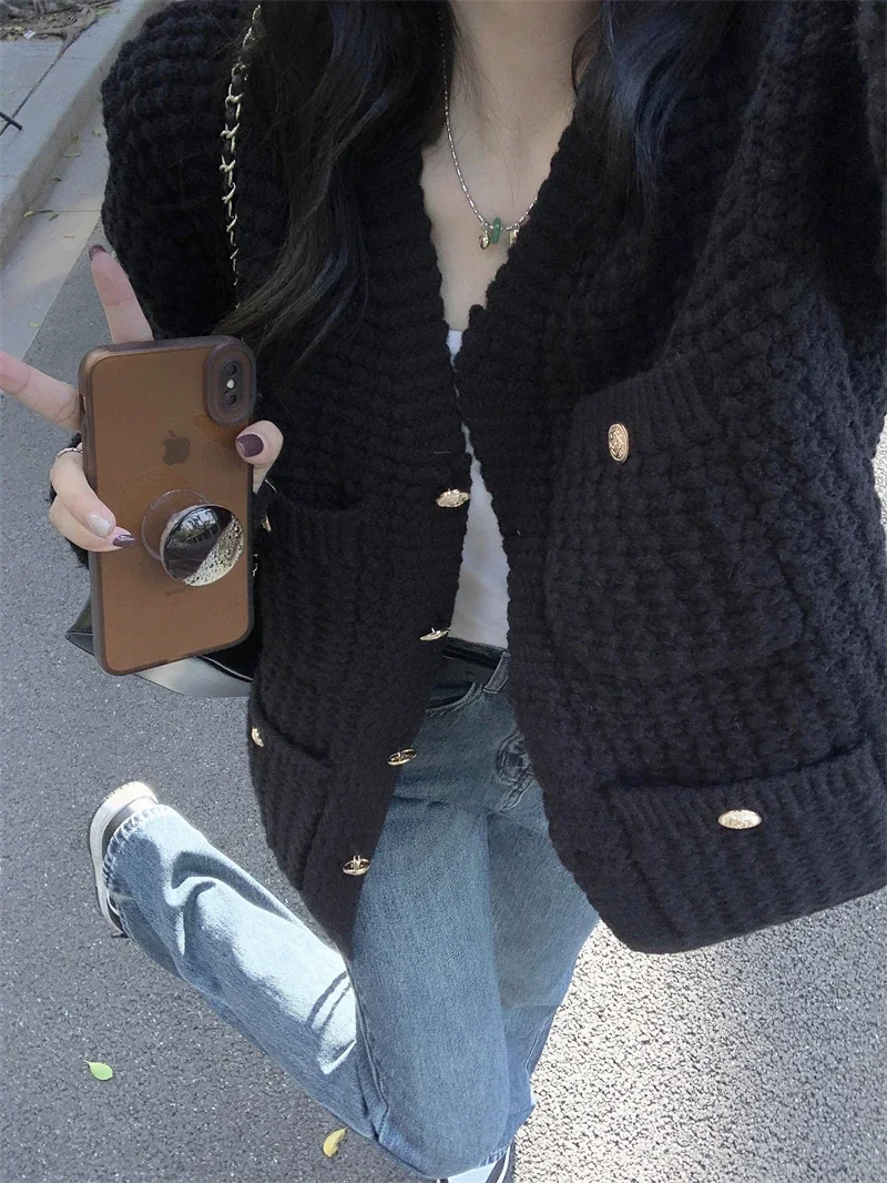 

Black Cardigan Women Jackets V-neck Vintage Sueter Mujer Temperament Knitted Sweater Korean Chic Pull Femme Knitwear Tops