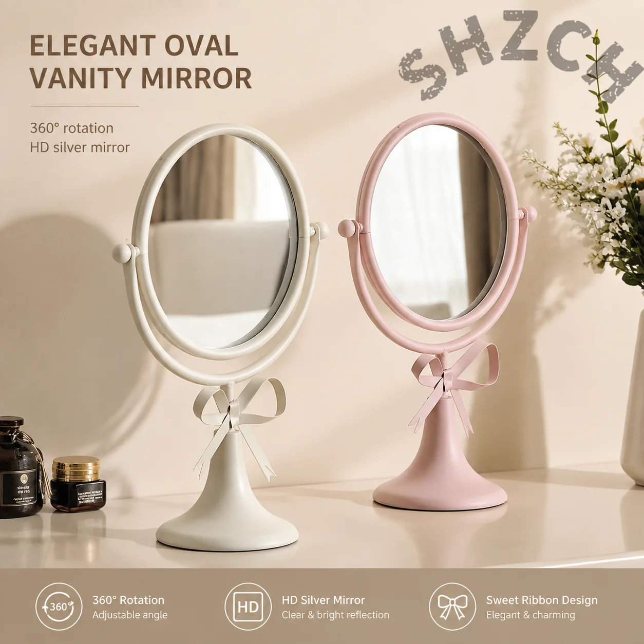 Retro Iron Desktop Makeup Mirror with 360° Swivel Base – Single-Sided Vanity Mirror for Bedroom, Dressing Table, and Bathroom D