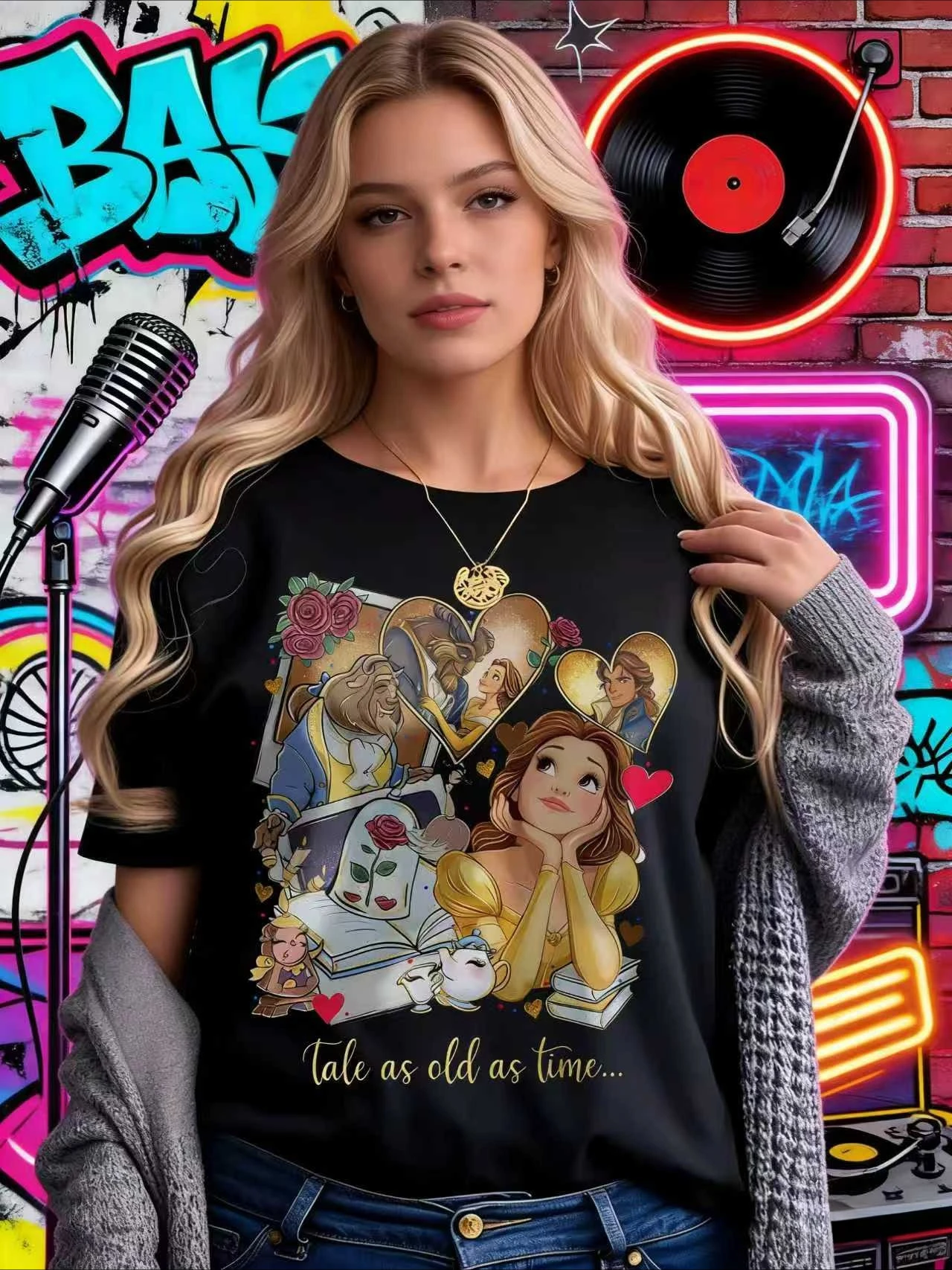 2026 Summer Disney Beauty and The Beast Print 100% Pure Cotton T-shirt, Fashionable, Loose and Comfortable Short-sleeved, Unisex