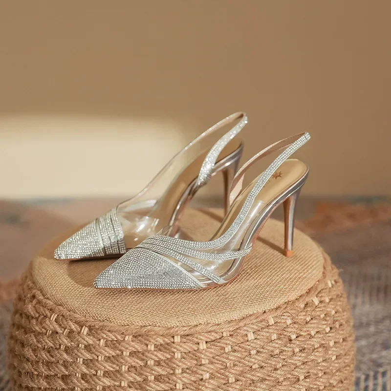 

YuanHuiTongWomen Summer Rhinestone Slingback Pumps Office Lady Transparent Heeled Sandals Elegant Pointed Toe Female Sexy High H