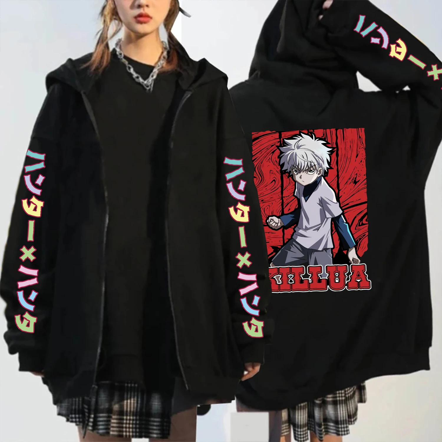 Harajuku Hunter x Hunter Killua Zoldyck Zipper Hoodies Boy Gothic Cartoon Autumn Winter Warm Fashion Loose Zipper Jacket Coat