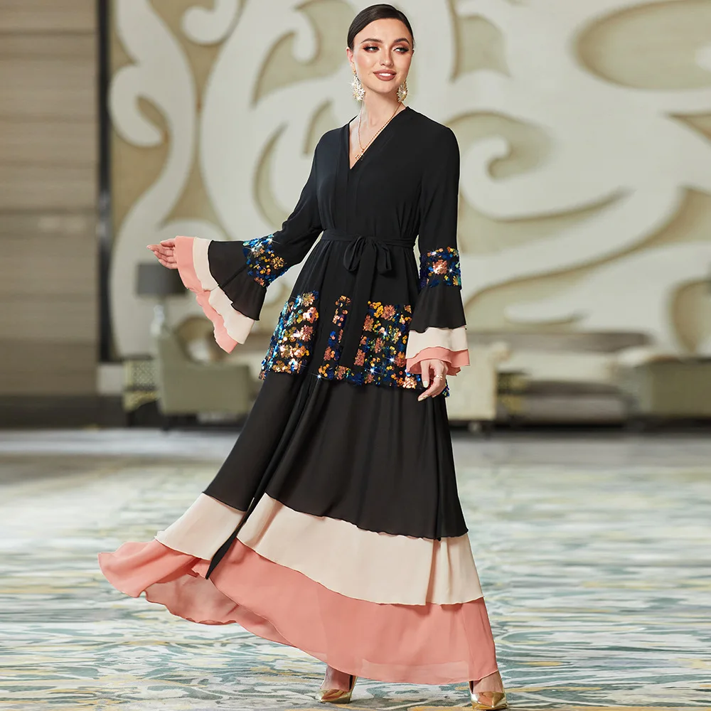 Mew Kimono ouvert Abaya paillettes Cardigan femmes musulmanes ceinture Robe dubaï turquie caftan Eid Ramadan Jalabiya Robe à volants Abayas Robe