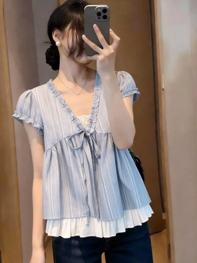 

Новая летняя женская универсальная блузка с эффектом двухслойности, коротким рукавом, в полоску, с V-образным вырезом, утягивающая, с небольшими оборками и цветочным принтом