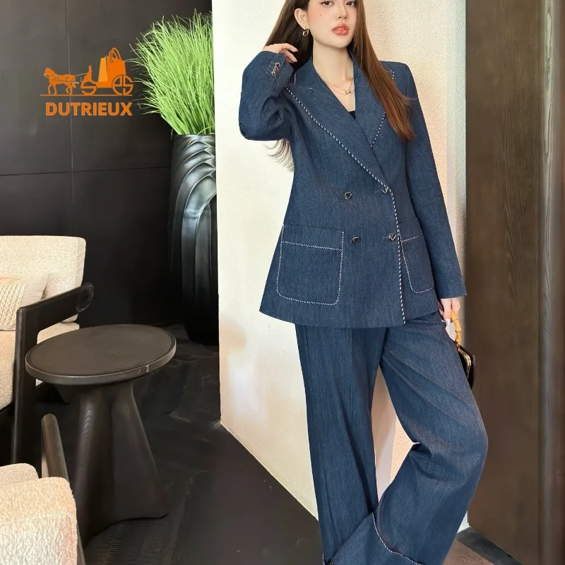 

Autumn Double-breasted Suit Jacket and Wide-leg Pants with Wide-rimmed Ribbon Piping, 100% Cotton Leisure Fashion Suit Women
