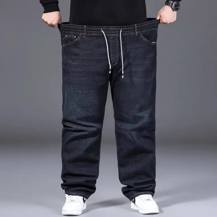 大きいサイズのジーンズメンズスポーツルーズストレートレッグファットマン弾性ウエストパンツ