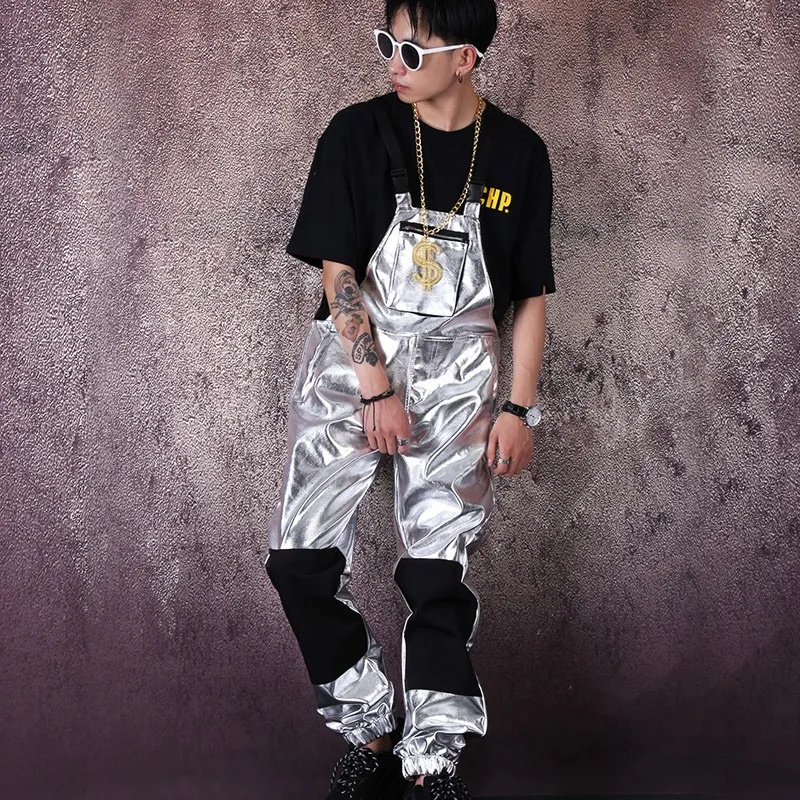 Men Streetwear Hip Hop Punk Silver Leather Overalls Jumpsuit Pant Male Women Fashion Casual Bib Pant Harem Trouser Stage Costume