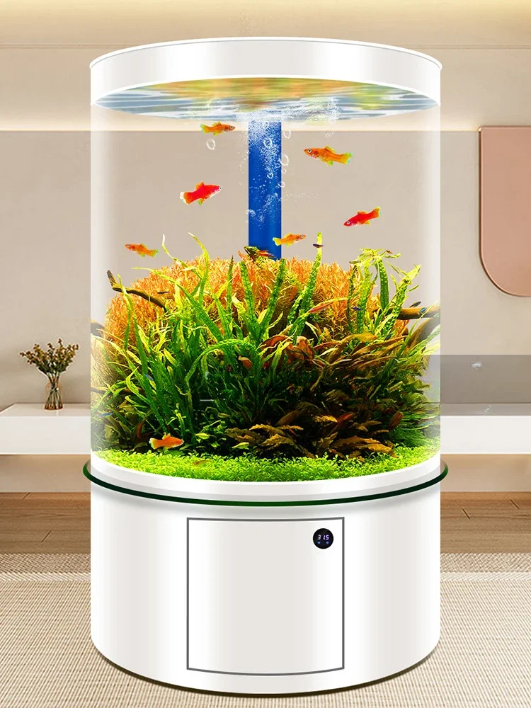 Cylindrical Glass Fish Tank Living Room Home Floor Fish Tank Bottom Filter Aquarium round Medium and Large