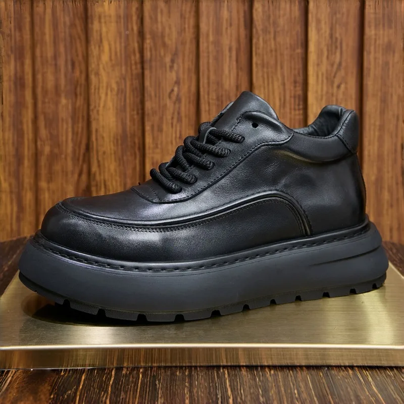 

Luxury Oxfords Men Shoes Genuine Leather Work Black Thick Soles Low Top Lace Up Sport Platform Shoes Male Business Casual Shoes