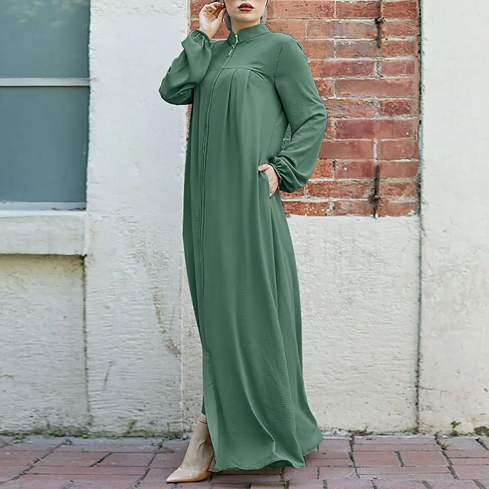 Vintage Shirt Dress Women Retro Long Sleeve Muslim Dresses Casual Solid Color Abaya Caftan Kaftan Dresses Zipper Long Maxi Robe