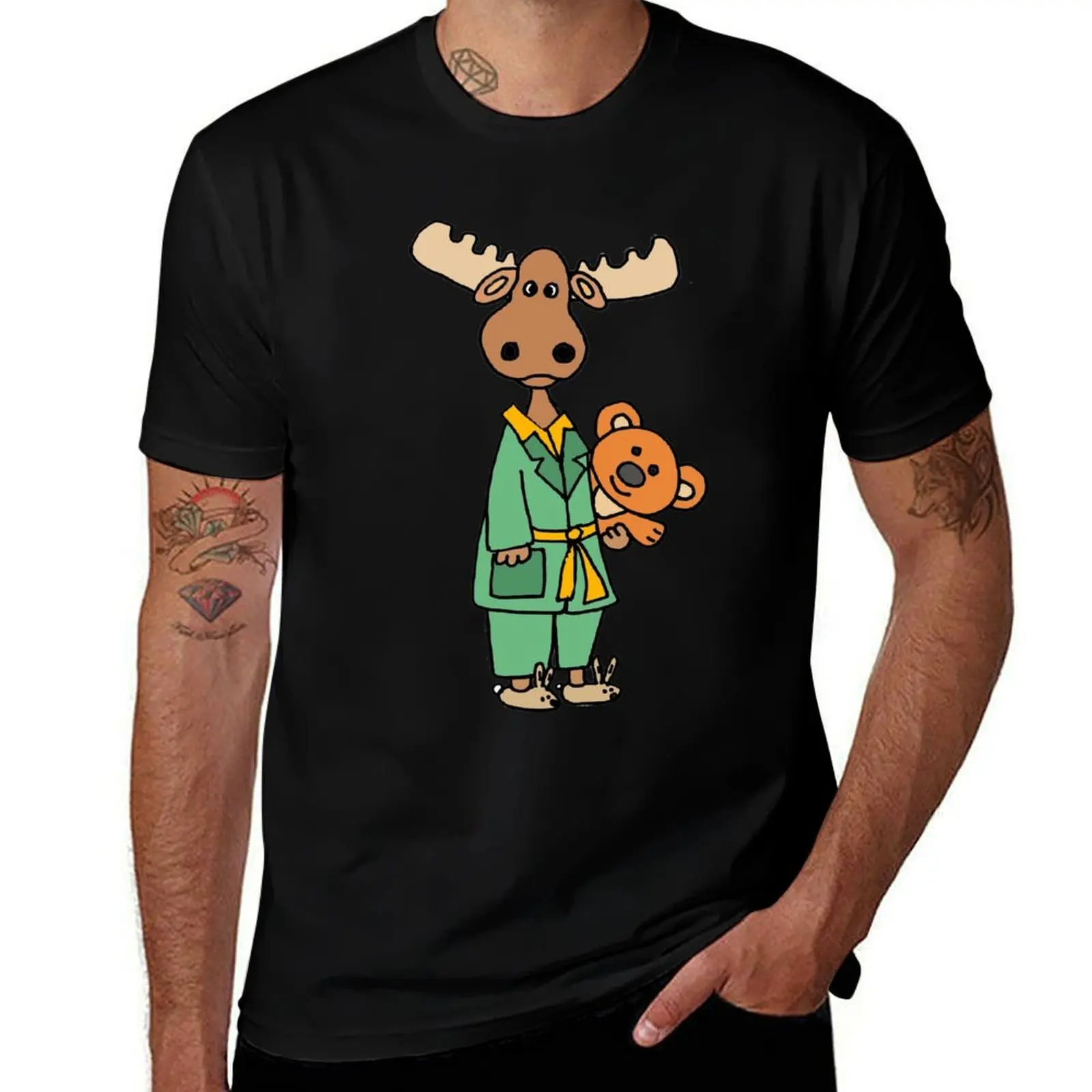 

Funny Moose wearing Pajamas and Bunny Slippers T-Shirt mens graphic t shirts black cotton t-shirt plain for man package T-Shirt