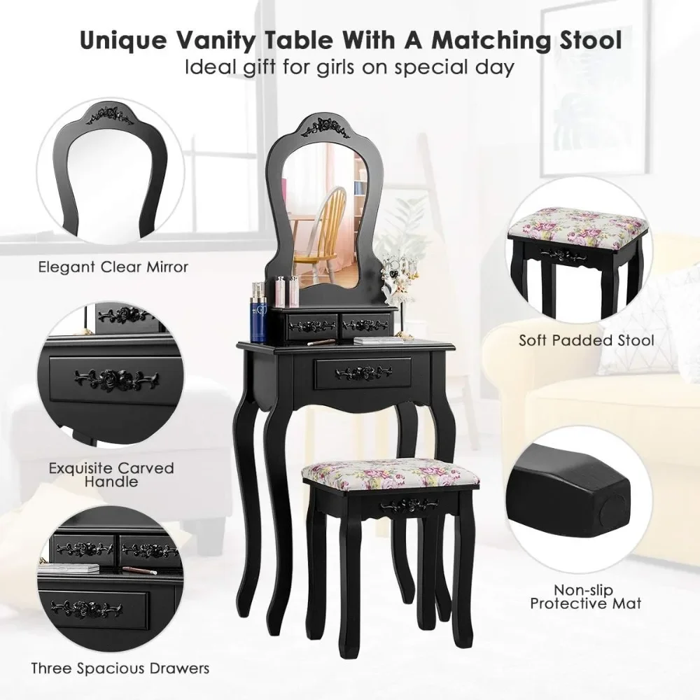 Vanity Table Set With Stool & Mirror& Cushioned Stool Multifunction Makeup Table Writing Desk With Drawers Freight free