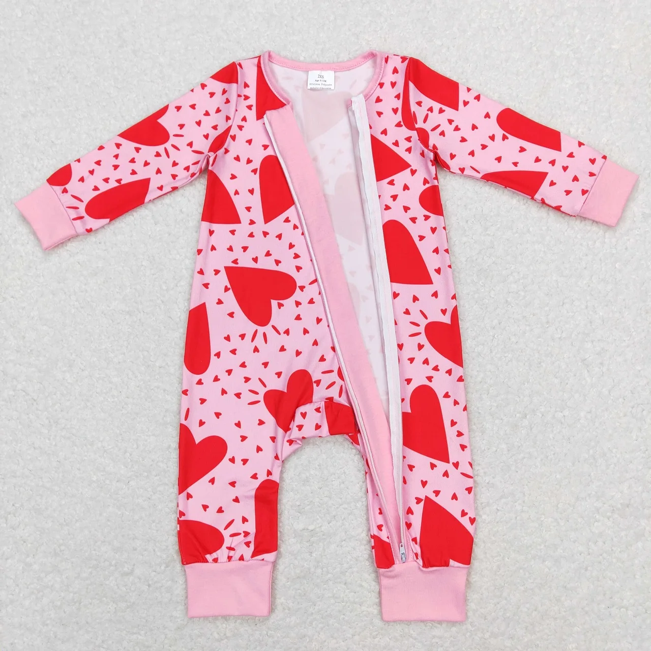 Wholesale Baby Girl Kids Valentine's Day Long Sleeves Hearts Romper Children Toddler Newborn Infant Zipper Jumpsuit