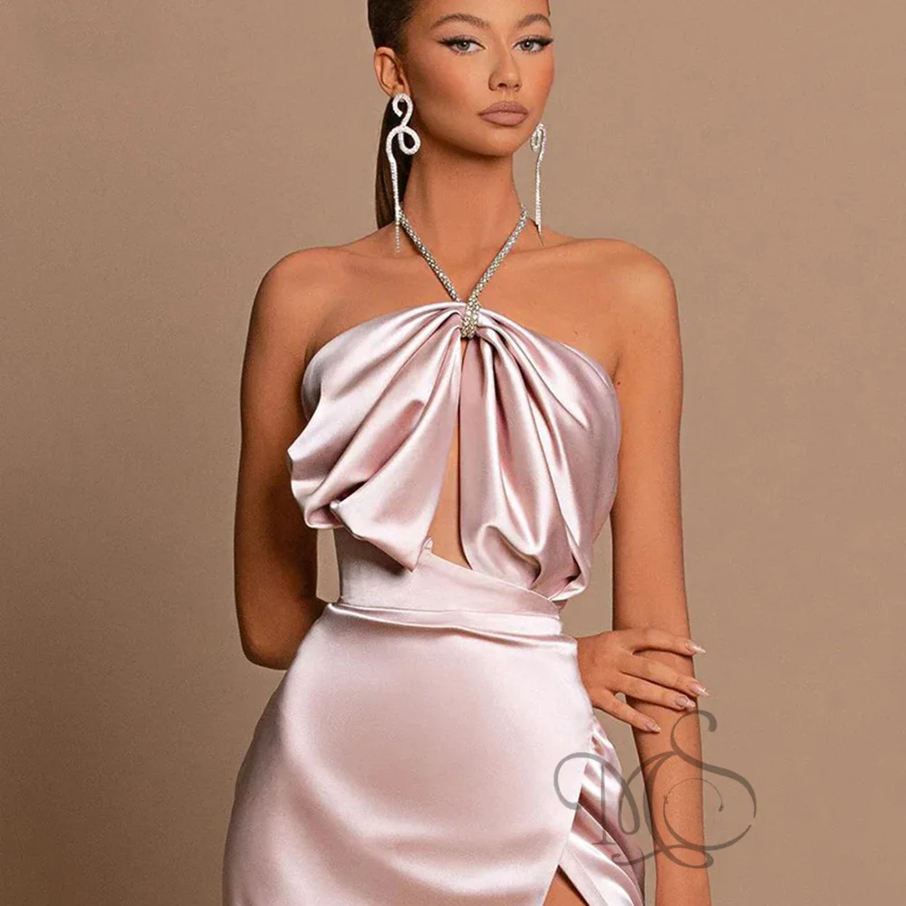 Pink Sexy Evening Dress Halter Sleeveless Prom Dresses Satin High Side Split Mermaid  Sweep Train vestidos de graduación