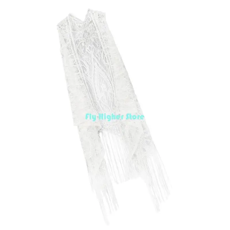 Women Fringe Vest Hollowed Lace Beach Shawl Beach Coverup Sleeveless Tassels Cardigan Top For Beach Outings Daily Use