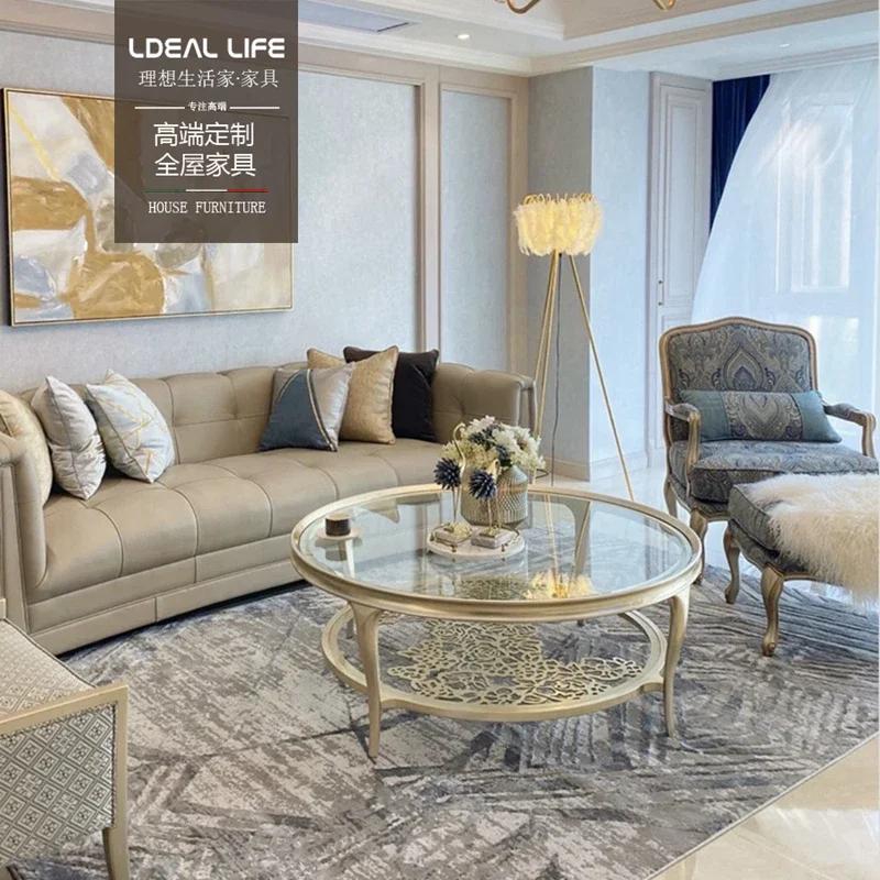 American light luxury cowhide sofa villa model house post-modern simple living room furniture customization