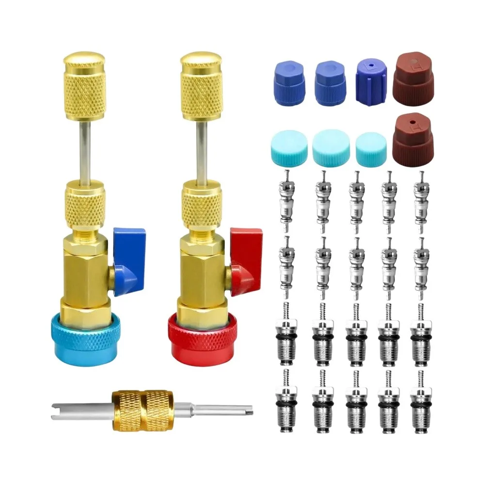 31PCS Valve Core Removal Installation Kit with Stainless Steel Valve Stem Brass Housing for Automotive Refrigeration Tasks