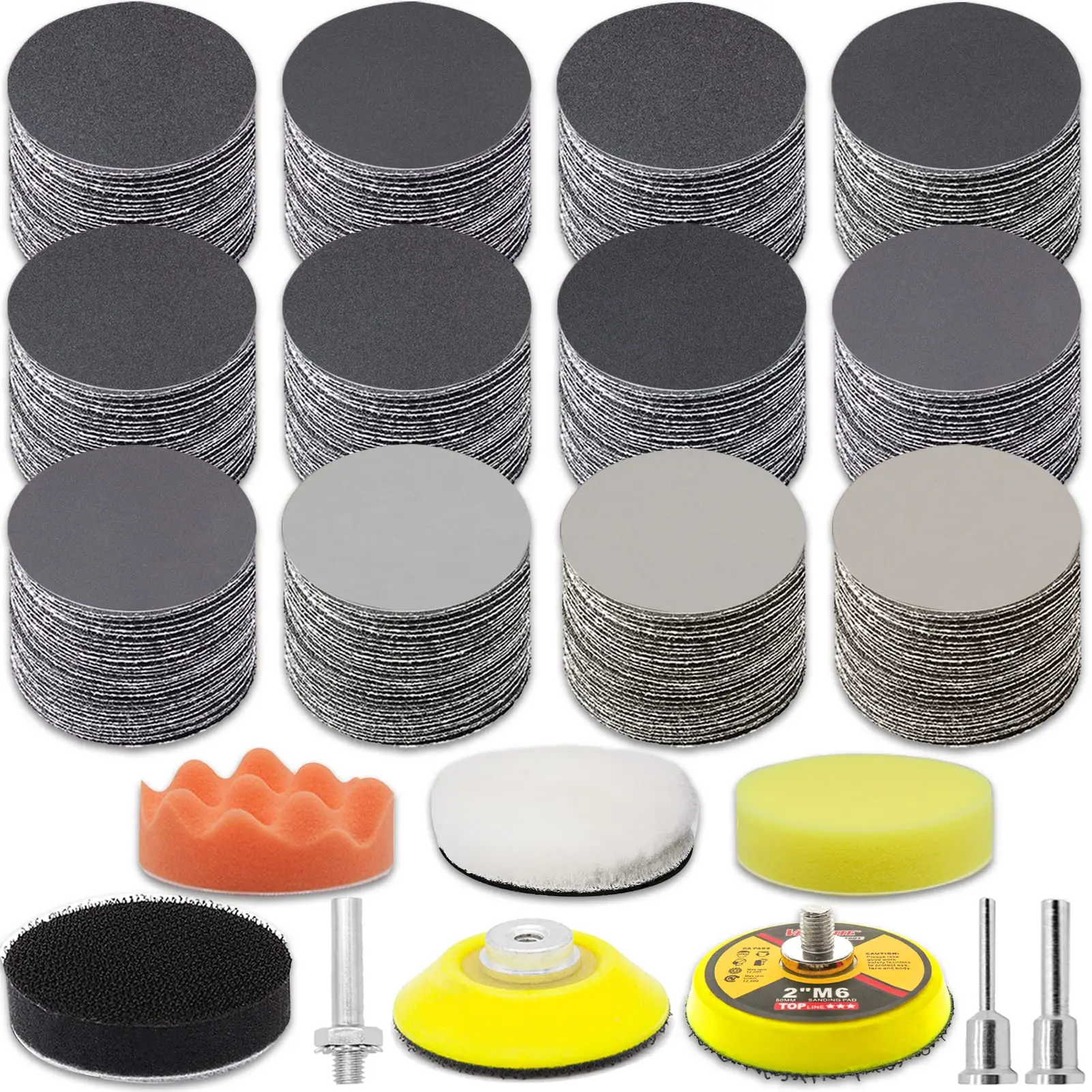 

2 Inch Wet and Dry 189 Pcs Hook and Loop Sanding Pads Assorted 60 to 10000 Grits with 1/8" 1/4” Shank Backing Pad for Polishing