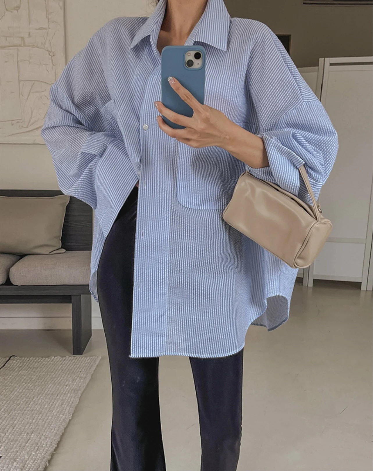 

Women's Loose Fit Striped irt Vintage Turn-down Collar Long Sve Cotton Commute Sle Korean Version Mid-Length Top