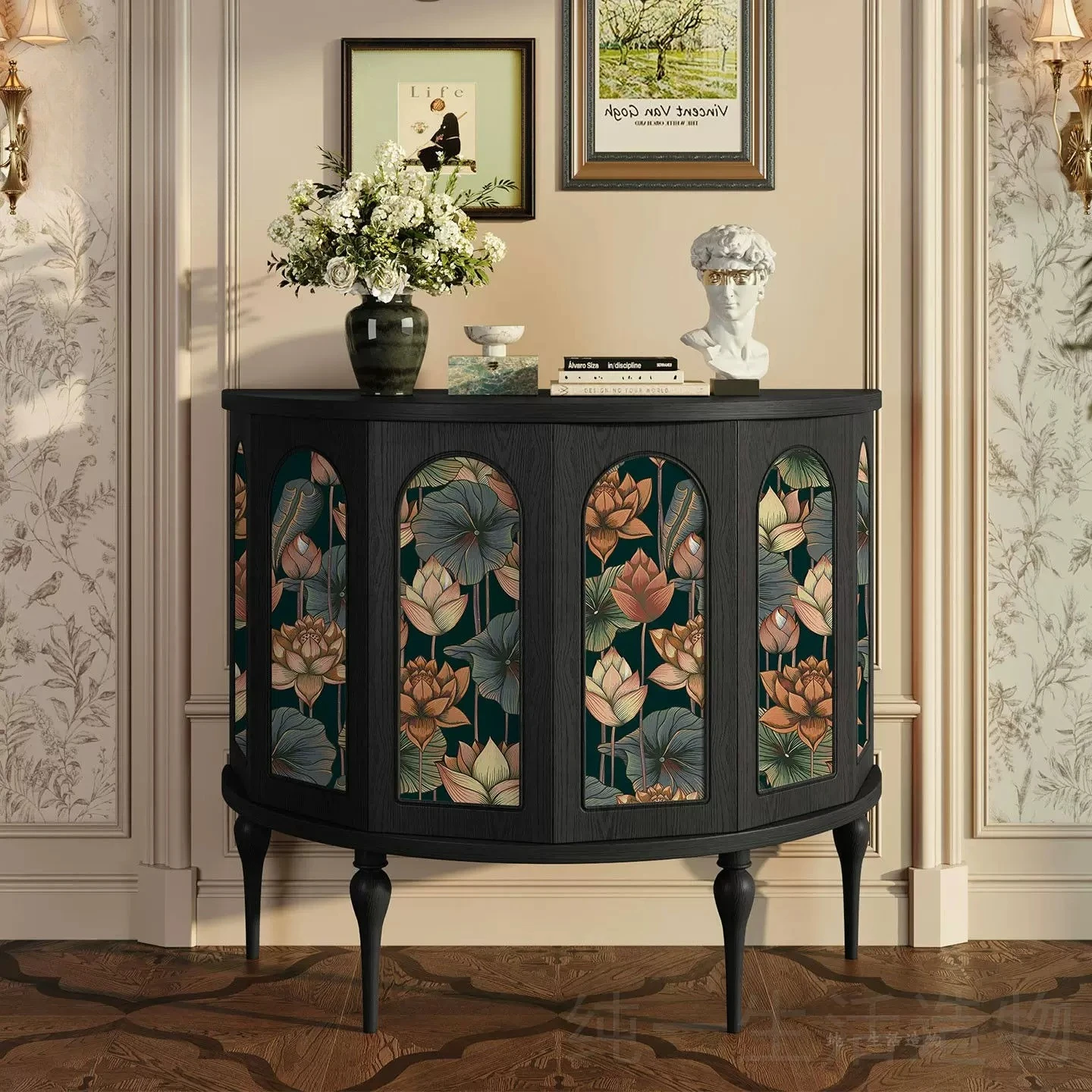 Medieval solid wood porch cabinet, retro foyer cainet, semi-circular hexagonal cabiet, living room entry decorative corner