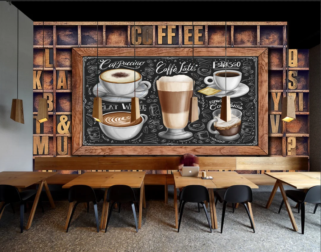 

Hand-painted Photo mural cartoon letters English coffee cup decorative background custom self-adhesive wallpaper mural