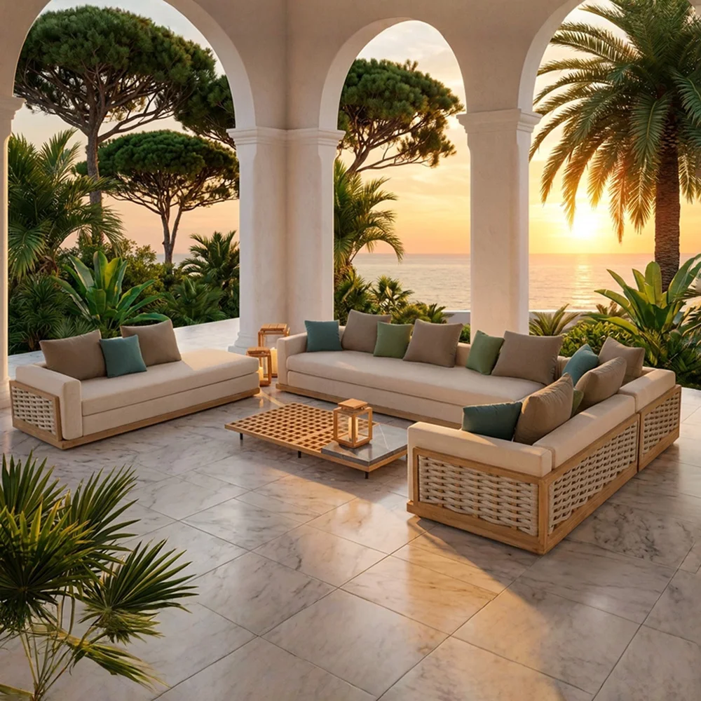 Luxury Modern Garden Sofa Set All-Weather Teak Wood Rattan Outdoor Furniture Sectional Lounge Couch for Villa Hotel Patio
