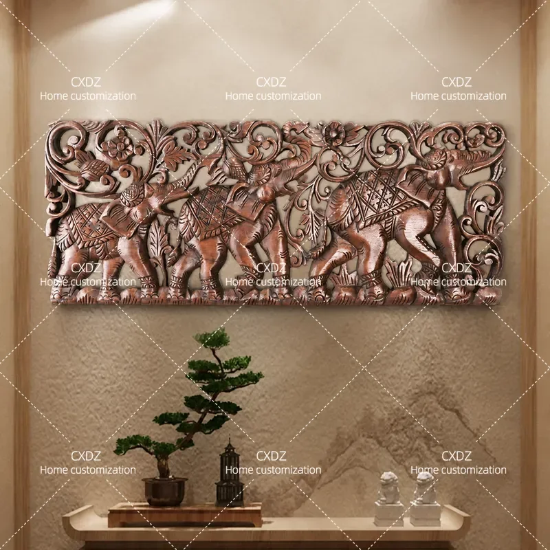 Clearance Solid Wood Hollow Elephant Carving Board Wall Decoration Pendant for Restaurant Entrance Background Wall Decor