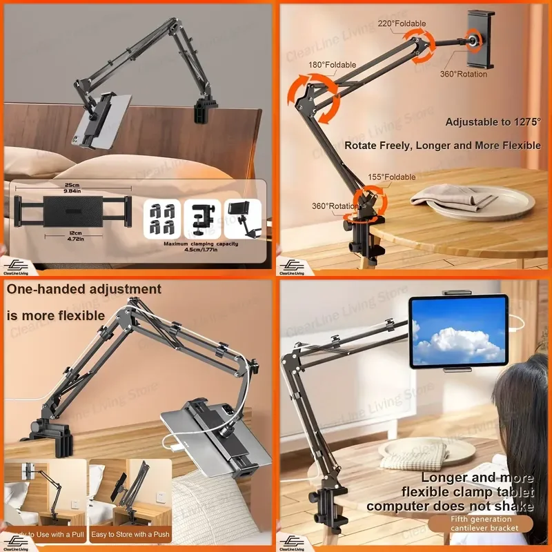 Adjustable Bed Tablet Holder Rotatable Long Arm Metal Desktop Bracket Mount Clamp for 4.7-13 Inch for iPad Mini Air Pro