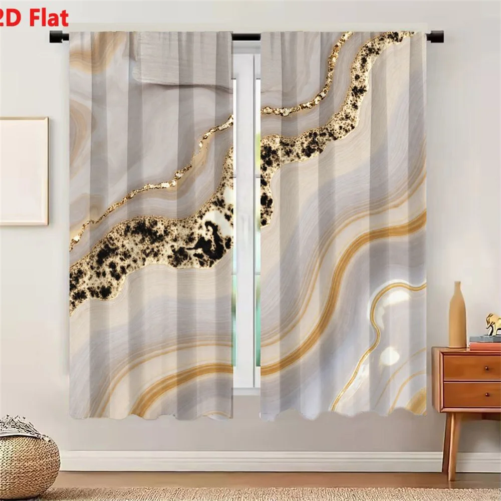 2Pcs Curtains 2D Flat Abstract Marbled Pattern With Gold Flecks And Black Spots On Muted Gray Beige Light Brown Background, Eleg