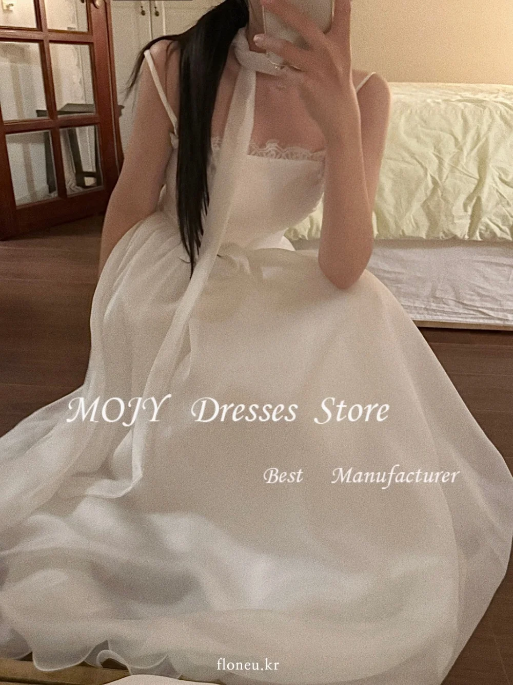 Mojy A-line Simple Wedding Dresses Spaghetti Straps Draped Floor-Length Bridal Gown Photo Shoot Dresses Customized Organza