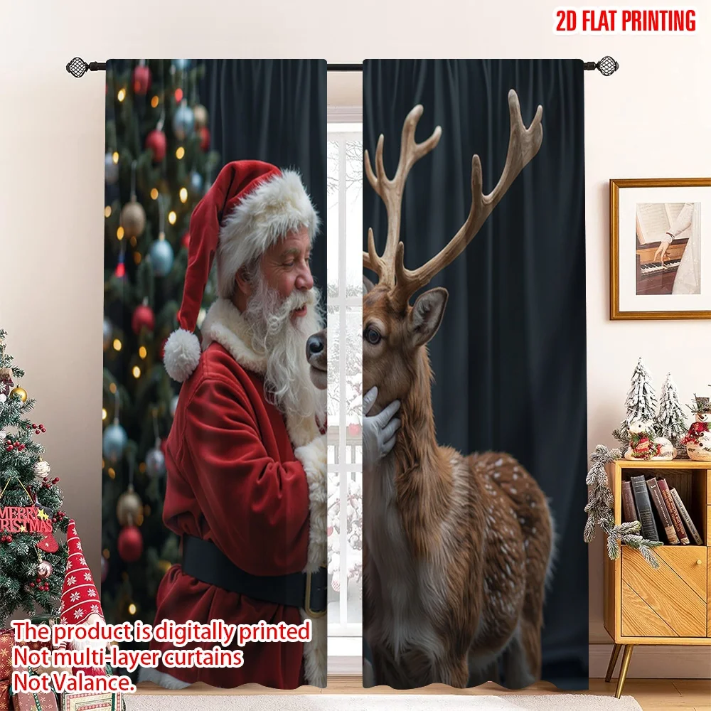

2pcs 2D flat printing Merry Christmas Window Drapes Santa and Deer Christmas Polyester Fabric Without Electricity Party &