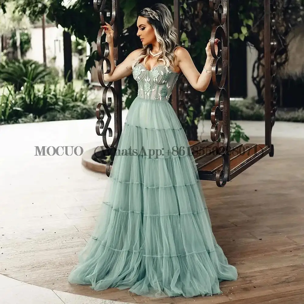 

Fabulous Sage Floral Appliqued Prom Dresses Sweetheart Pleat Tiered Evening Gowns A Line Floor Length Tulle Formal Dress