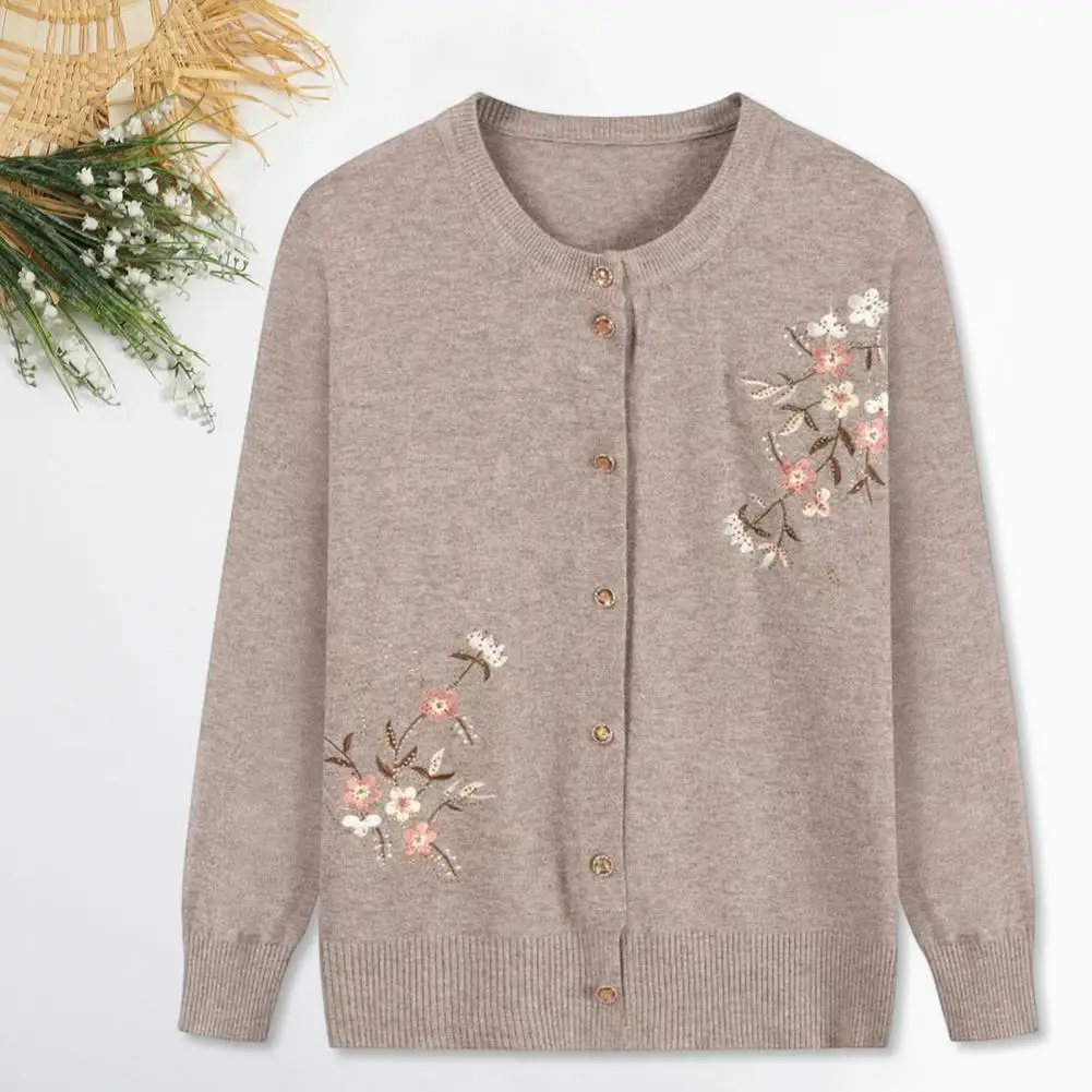 Autumn Sweater Coat Knitted Acrylic Cardigan Elegant Floral Embroidered Knit Cardigan for Women Stylish Round Neck for Fall