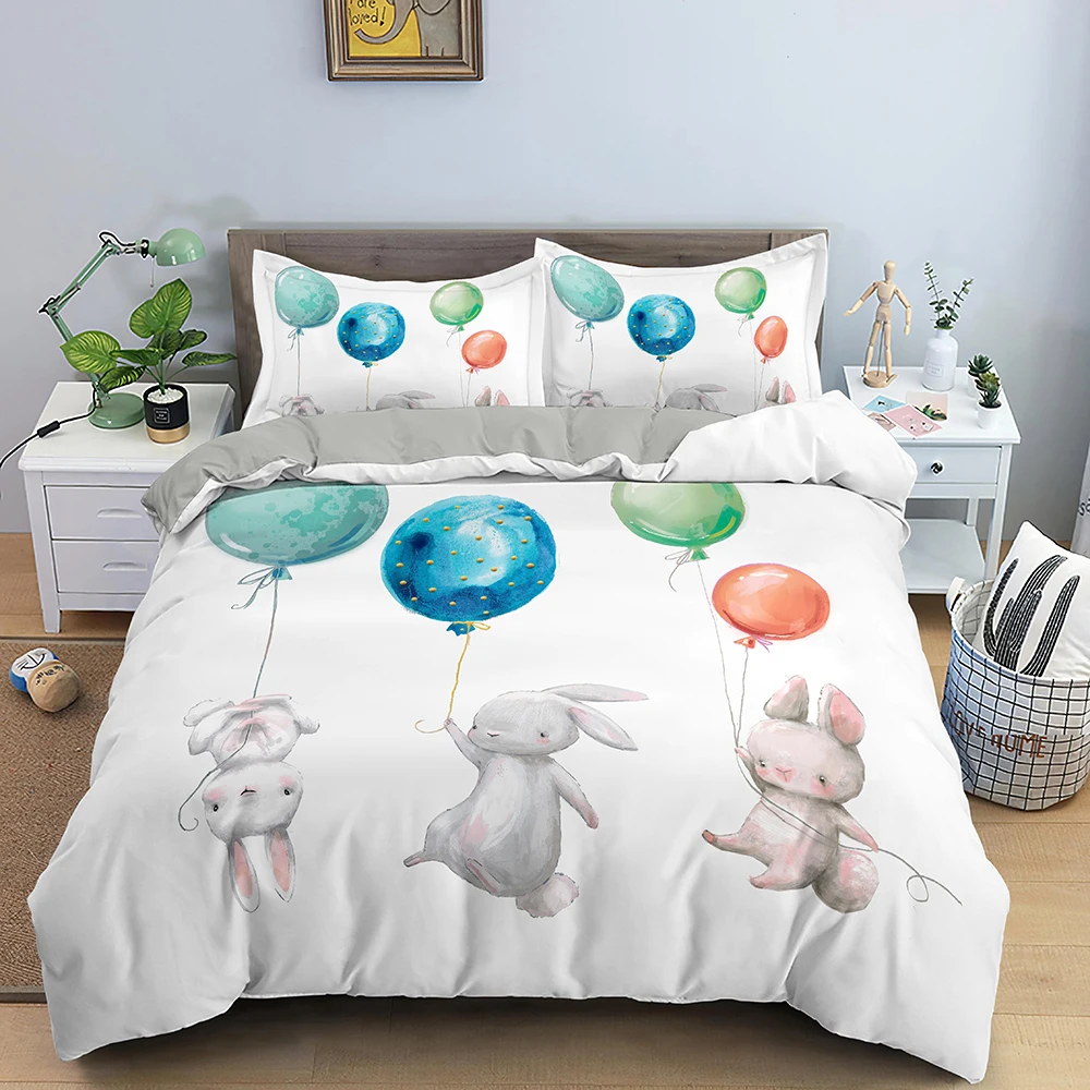 

Children Cute Cartoon Bunny Printing Duvet Cover for Kids Girls Boys Rabbit Takes Balloon White Duvet Cover Bedroom Decorations