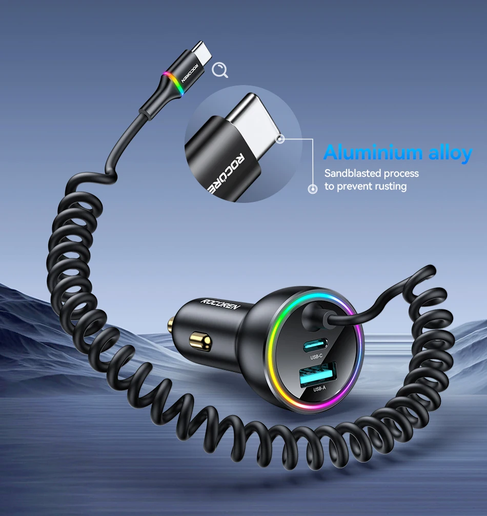 Rocoren 70W USB-Autoladegerät, schnelles Laden, PD 35W USB-C-Autoladegerät mit Federladekabel, Typ-C-Autoladegerät für iPhone Xiaomi – Detail 19