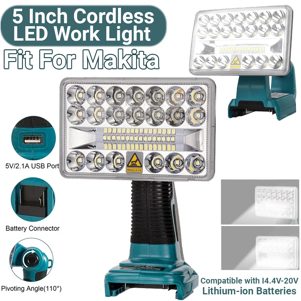 Linterna LED para exteriores, foco inalámbrico para Makita, 14,4 V, 18V, LXT BL1430, BL1850, BL1860B, batería de iones de litio de 5 pulgadas con USB