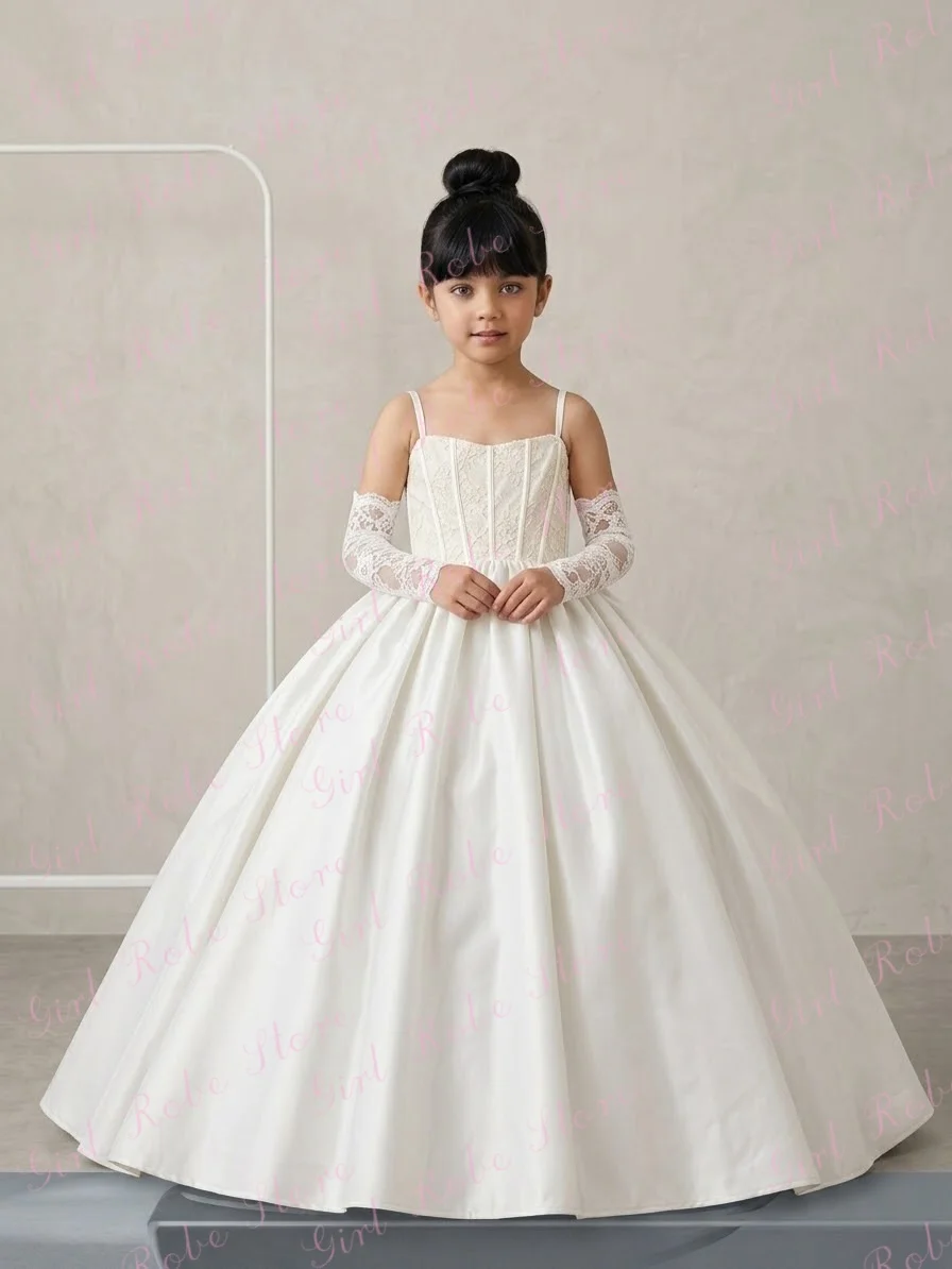 Quality Satin Flower Girl Dress For Wedding Lace Strap Floor Length With Bow Elegant Kids Communion Bridesmaid Gown Customized