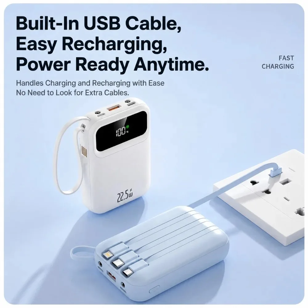 2027 New 22.5W 10000mAh 20000mAh Power Bank Built-In Retractable USB-C & Lightning Cable for IPhone 16 Samsung S25 Xiaomi Poco